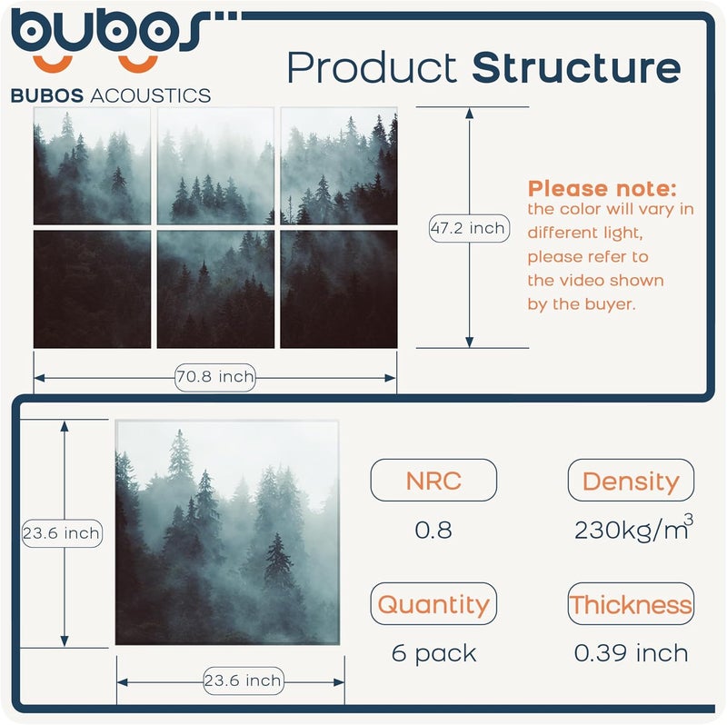 B Bubos 6 Pack Art Acoustic Panels Soundproof Wall Panel,70.8X47.2 Inches Large Sound Absorbing Panel,Self-Adhesive Decorative Acoustical Wall Panels, Acoustic Treatment for Home Office（Foggy Forest） - Image 2